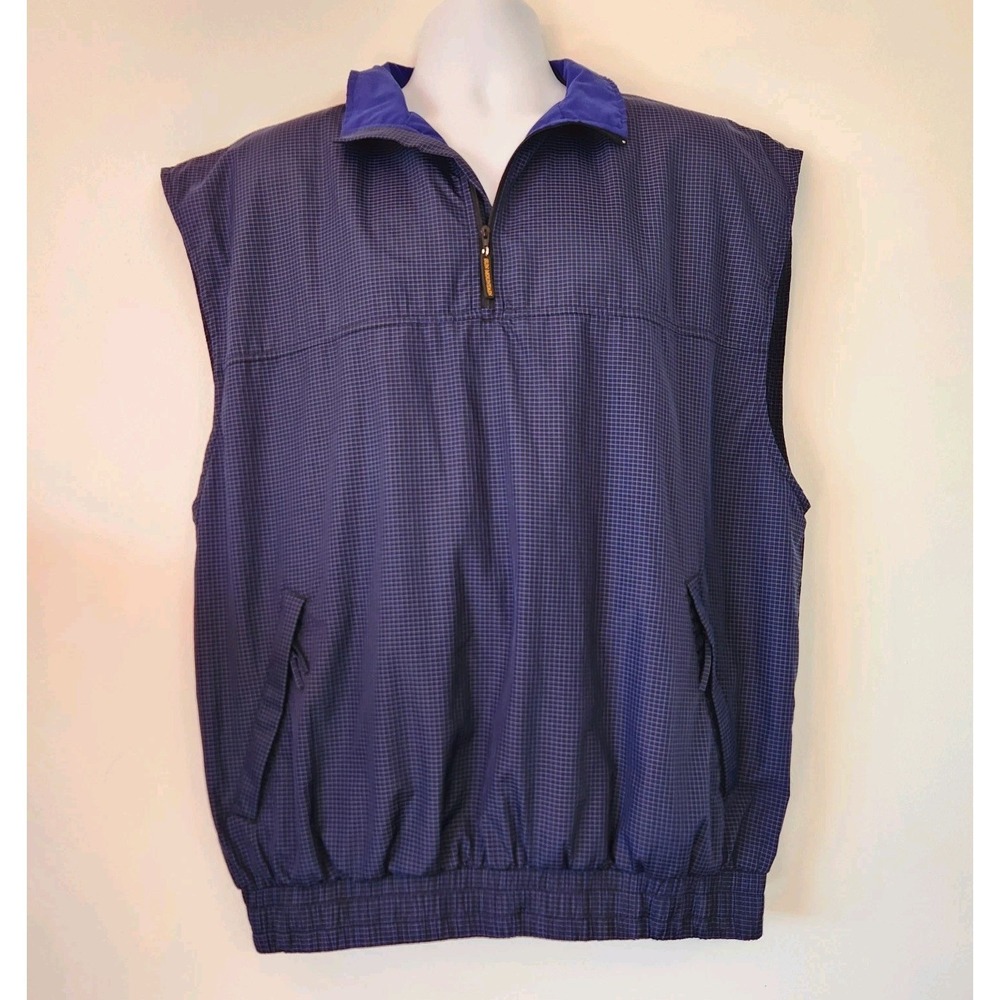 Vintage Sun Mountain Golf Windbreaker Vest Mens L Blue Check 1/4 Zip Sleeveless